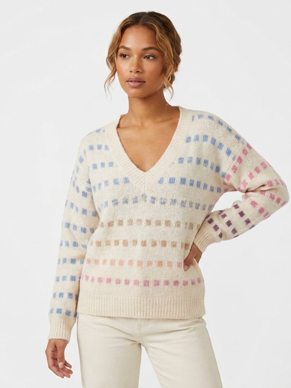 Dreamers by Debut V-Neck Knit Sweater Small Cream Pastel Grid Pattern
